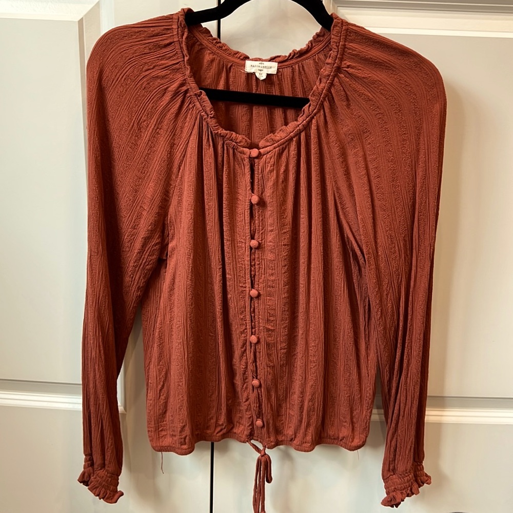 Mason & Belle warm orange, burnt orange blouse.